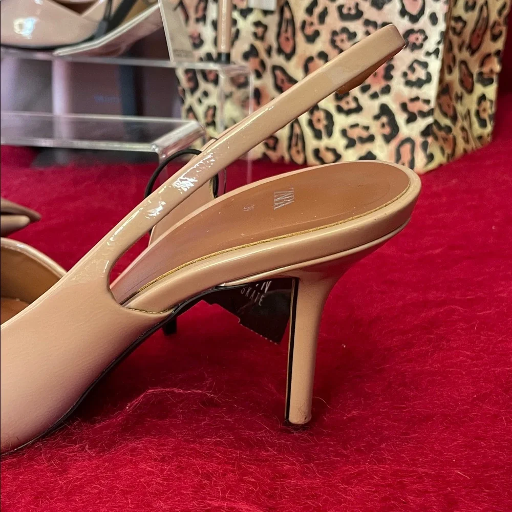 ZARA BEIGE PATENT POINTED-TOE SLINGBACK HEELS W/ LARGE BOWS SHOES EU39 US 8-8.5